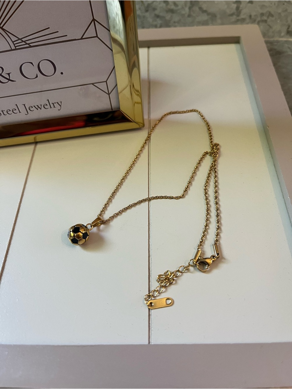 Gold Stainless Steel Necklace with Black-Accented Soccer Ball Pendant